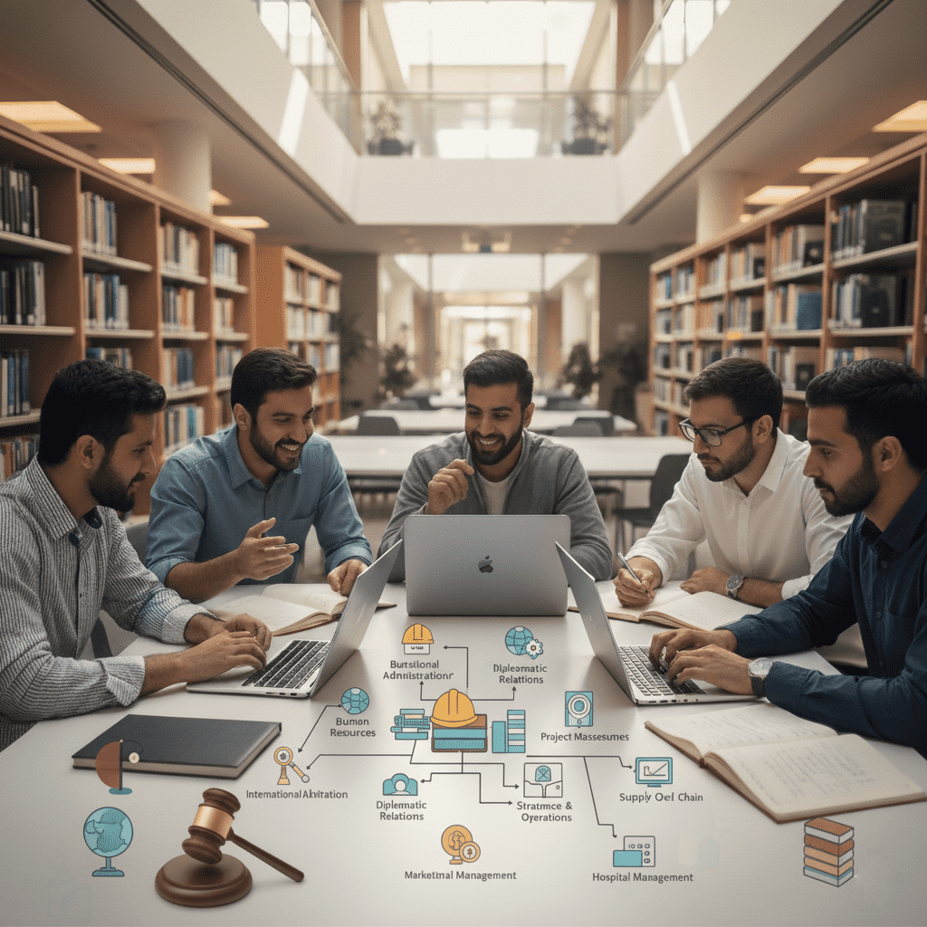  Gulf students discussing accredited master’s and PhD specializations at Gate Academy. 